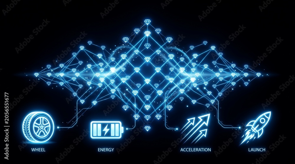 Fototapeta premium Abstract digital network with glowing diamond nodes connecting automotive innovation icons representing wheel energy acceleration and launch on a dark background