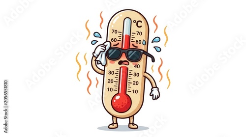 Cartoon thermometer character feeling hot and sweating