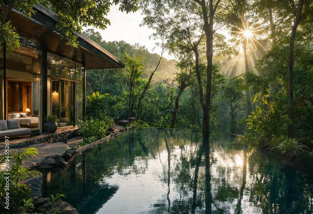 Fototapeta premium Luxury villa nestled in lush green jungle with sunbeams reflecting in tranquil infinity pool