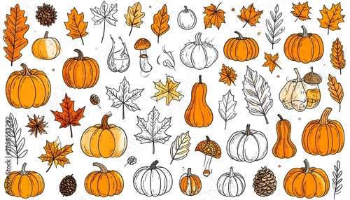Hand Drawn Autumn Pumpkin and Leaf Collection Arranged on White Background