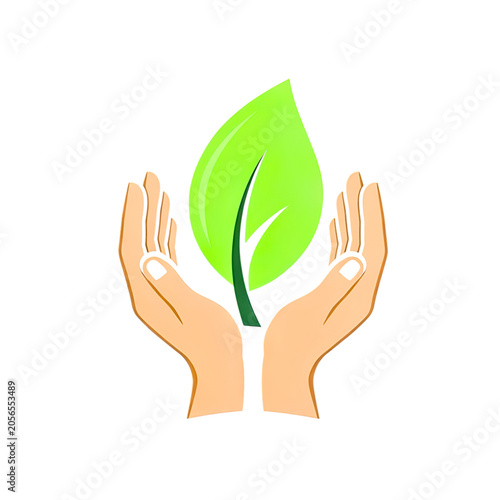 Illustration of hands holding a green leaf on white background