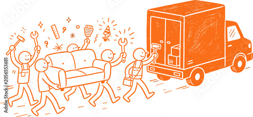 Family moving house together with cardboard boxes and truck line drawing illustration