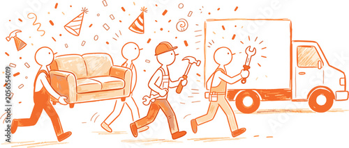 Moving Day Teamwork Carrying Furniture and Boxes Flat Vector Illustration