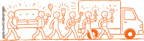 Group of People Moving House with Cardboard Boxes and Van Illustration