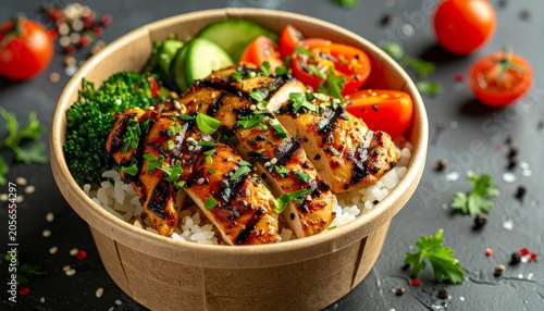 Grilled chicken rice bowl inside branded takeaway container, realistic food photography, appetizing composition, restaurant promotion, commercial quality image
