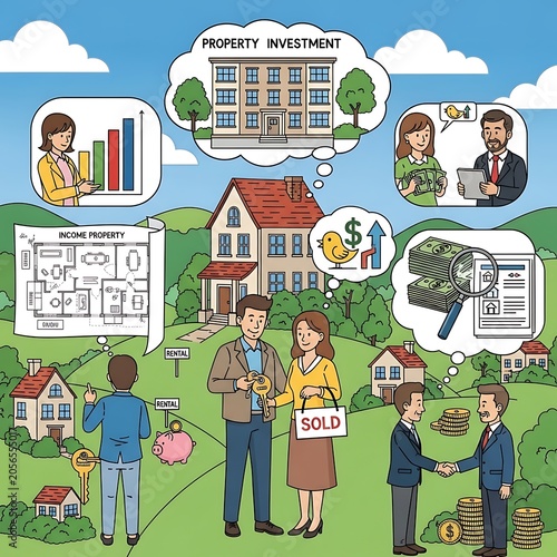 Colorful Real Estate Investors Exchanging House Key in Suburban Property Market Scene