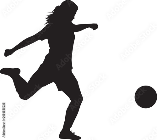 Black silhouette of woman kicking soccer ball