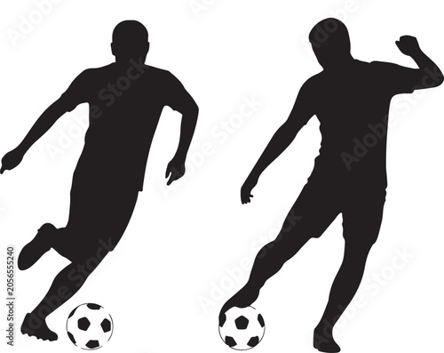 Black silhouettes of men playing soccer on white background