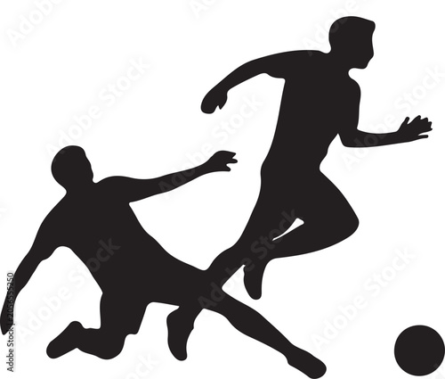 Black silhouettes of two soccer players competing for the ball