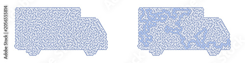 Outline illustrations of delivery trucks in blue on white background  