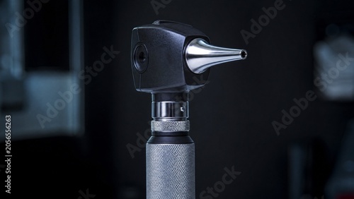 Φωτογραφία A classic medical otoscope with metal speculum reflecting clinical light on dark background