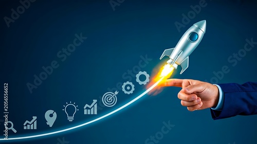 Business startup growth concept with rocket launch representing innovation success and strategic development