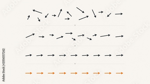 Foto Multiple scattered arrows aligning into one straight line on a neutral background