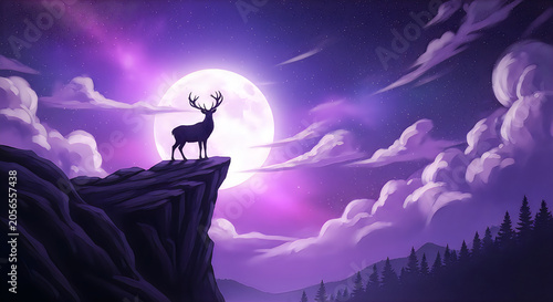 A white rabbit in a dark forest under a purple aurora sky, mystical and ethereal
