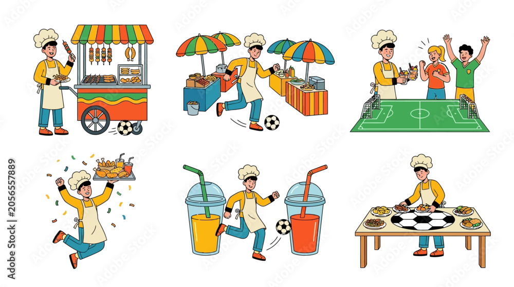 Fototapeta premium Set of Cartoon Chef Characters with Football Theme and Street Food Stall Illustration