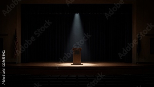 Obraz na plátně An empty auditorium stage with a single lectern under a spotlight