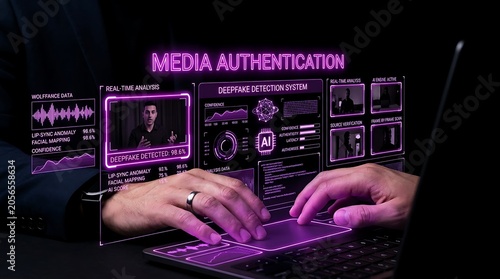 Futuristic Media Authentication Interface for Deepfake Detection and AI Security Analysis.