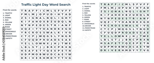 Traffic Light Day word search puzzle featuring various related terms  