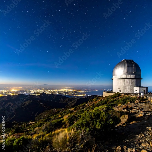 White Observatory Dome Standing on Rocky Mountain Ridge Above Glowing City at Night