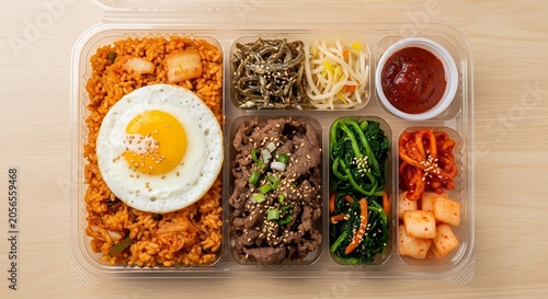 Colorful Korean Lunchbox with Fried Egg and Side Dishes on Light Wooden Table