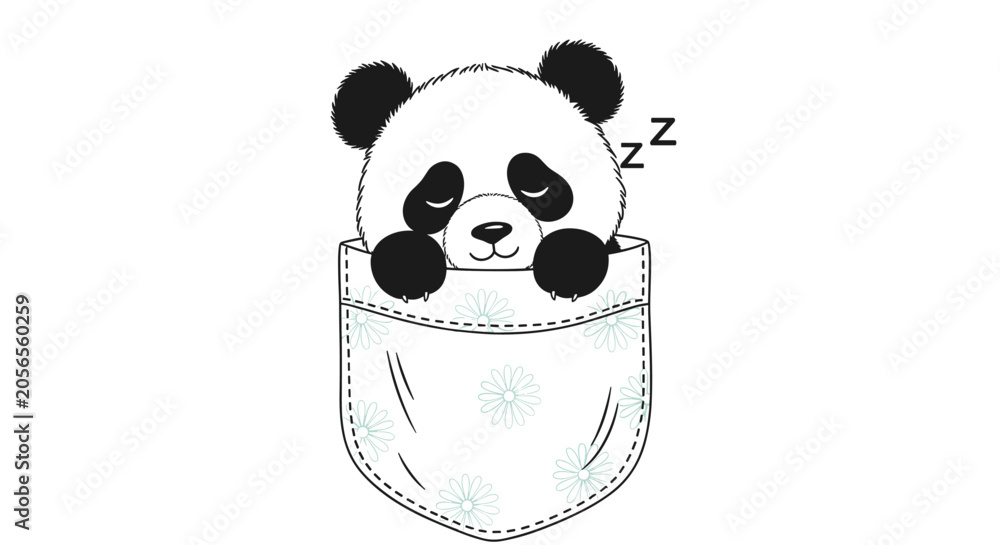 Fototapeta premium Adorable panda bear sleeping inside a shirt pocket decorated with white daisy flowers for cute animal-themed apparel and design.
