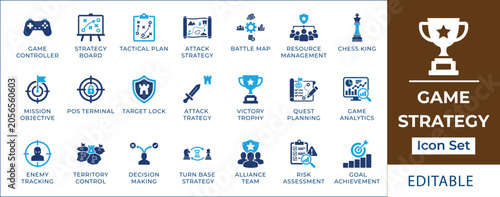 Schilderij op canvas Game strategy icon set featuring tactical planning board, gaming clipboard, chess king piece, esports championship trophy, virtual world map, target lock, and castle defense symbols