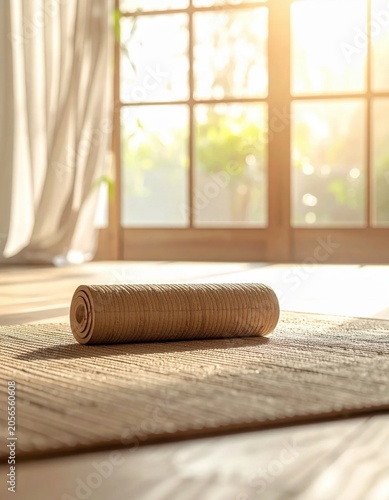 Rolled woven natural texture mat on wooden floor in sunny room for yoga, meditation, wellness, lifestyle, interior decor