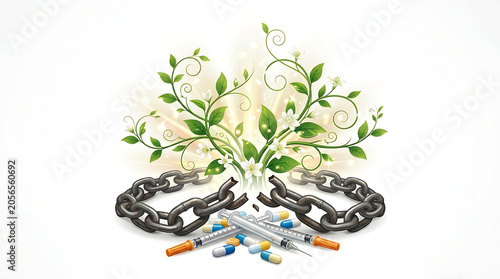 Broken metal chains with growing green plant and discarded drugs