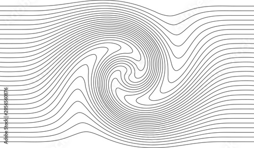 Abstract black curved lines form a swirling wave pattern on a white background, creating a clean optical effect with movement, flow, and modern minimalist style.