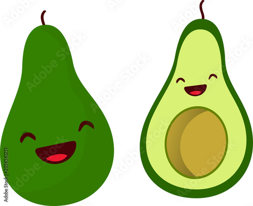 Cute Whole and Half Avocado Cartoon Vector Illustration