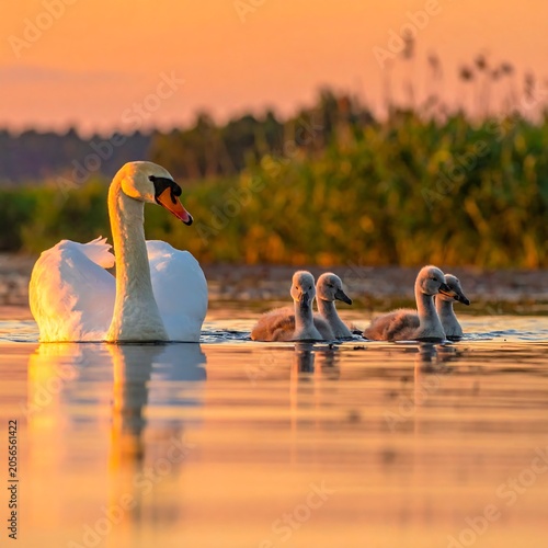 Graceful White Swan Swimming with Four Cygnets on Calm Lake at Sunset