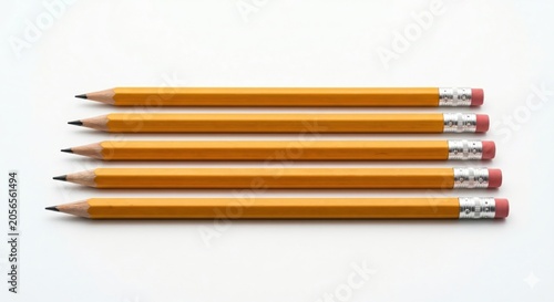 Five yellow wooden pencils with erasers aligned horizontally on white background.