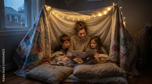 Mother Reading Storybook to Children Inside Cozy Blanket Fort