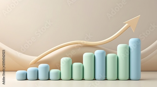 Economic growth chart with 3d bars and rising arrow on minimalist soft beige background.