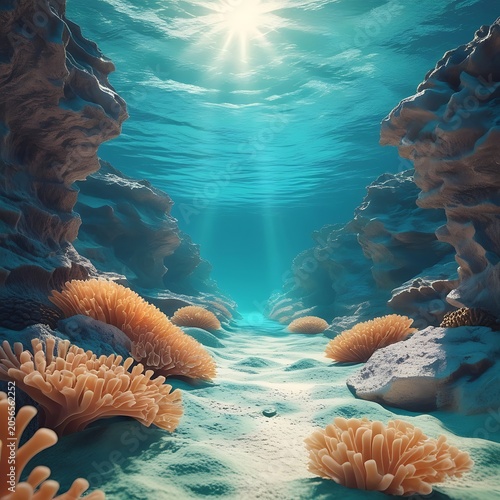 Underwater trench with sun rays illuminating through clear blue ocean water and coral reef.