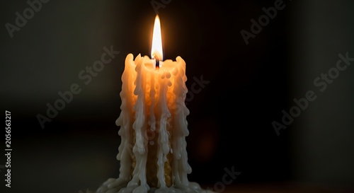 Melting White Candle Burning in Dark Indoor Setting