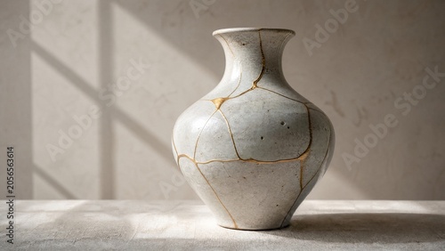 Restored ceramic vase with golden repair lines in kintsugi style, soft window light.