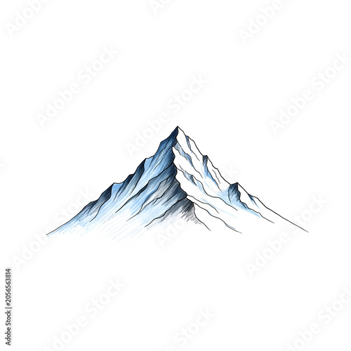 Hand-drawn blue mountain peak illustration isolated on a white background with snow-capped ridges and artistic pencil sketching details for outdoor adventure and travel design.