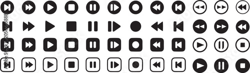 Obraz na plátně Dynamic collection of black circular playback control icons designed for user in