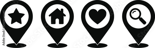 Map pin location icon set with star house heart and magnifying glass search symbols isolated on a white background.