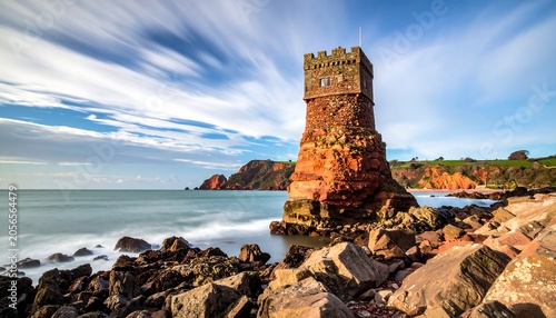 Ancient Stone Tower Standing on Rocky Coastline Under Dramatic Streaked Clouds