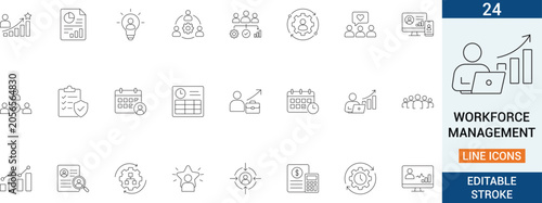 Workforce management vector line icon set. Featuring corporate HR planning, employee productivity graph and teamwork schedule.