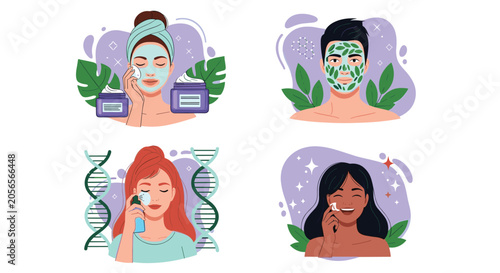 Set of illustrations showing diverse people applying various facial skincare treatments like masks, creams, and sprays for beauty.
