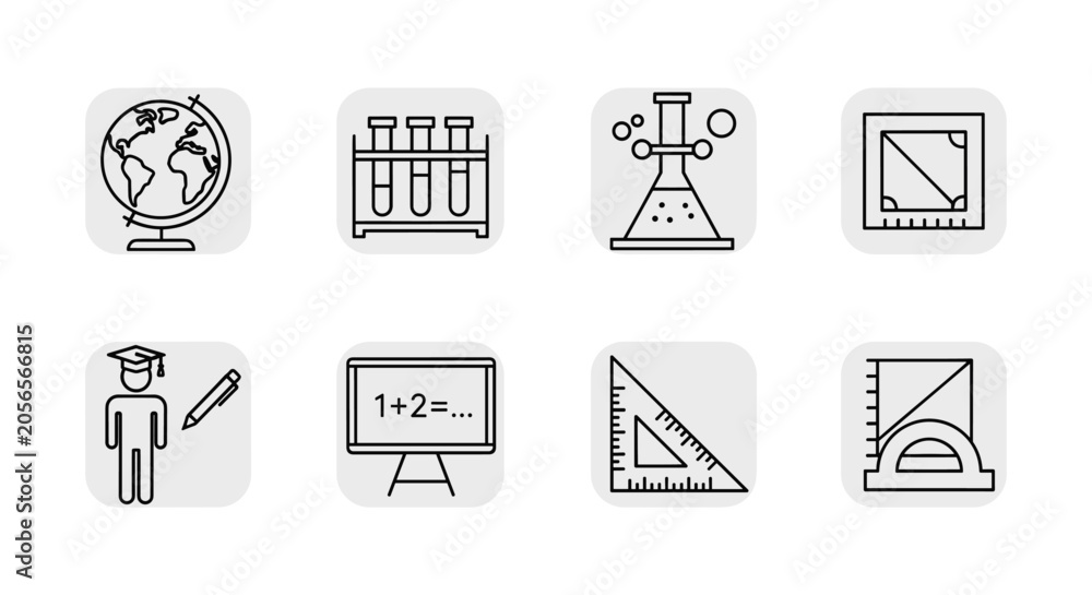 Fototapeta premium Collection of eight educational subject icons including a globe, test tubes, chemistry flask, math board, and geometry tools for school curriculum design.
