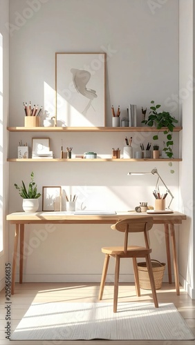 Minimalist home office desk with wooden furniture, indoor plant, shelf decor, and natural sunlight, cozy workspace interior