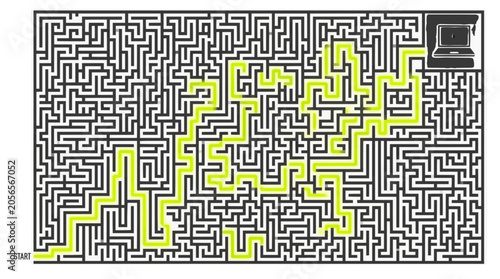 Digital Maze Challenge Solution Path to Laptop Computer Icon Start to Finish back to school time.
