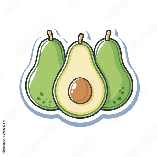 Three flat design avocados with leaves