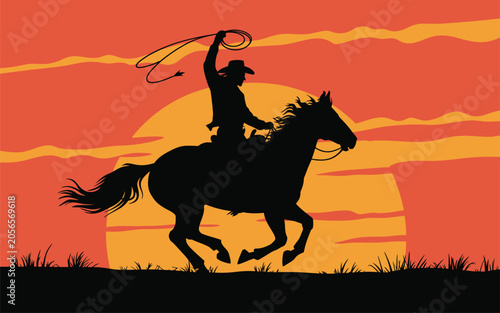 Foto Silhouette of a cowboy on horseback swinging a lasso at sunset with silhouette e