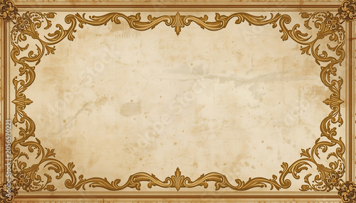 Parchment displays a weathered antique texture enriched by ornate golden baroque flourishes that create a regal border framing the central empty space for historical documents or letters.