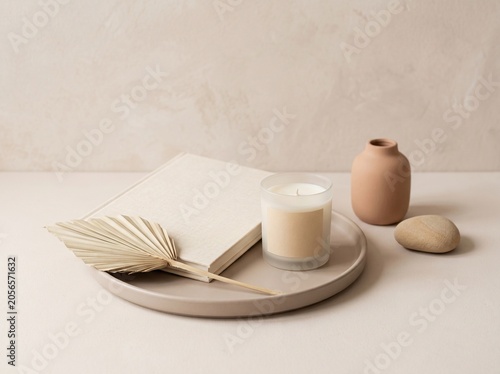 Canvas Print Minimalist still life arrangement with natural skincare products on neutral tray